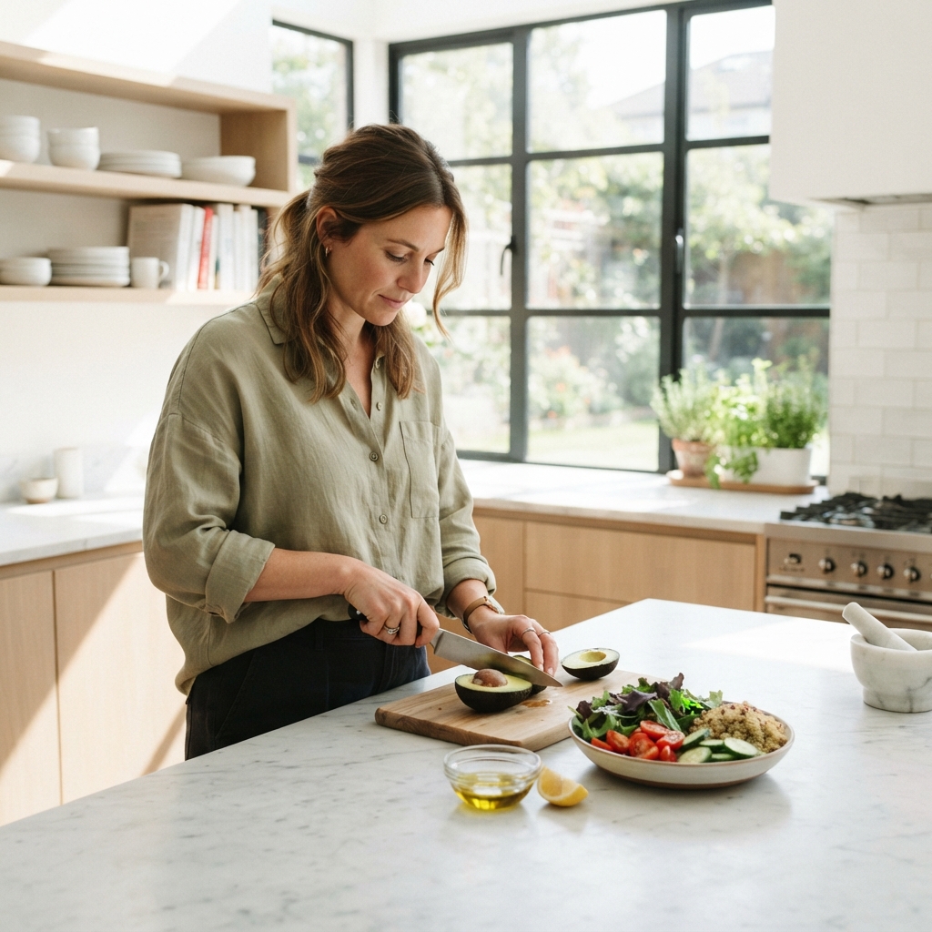 Person preparing healthy food in a bright modern kitchen