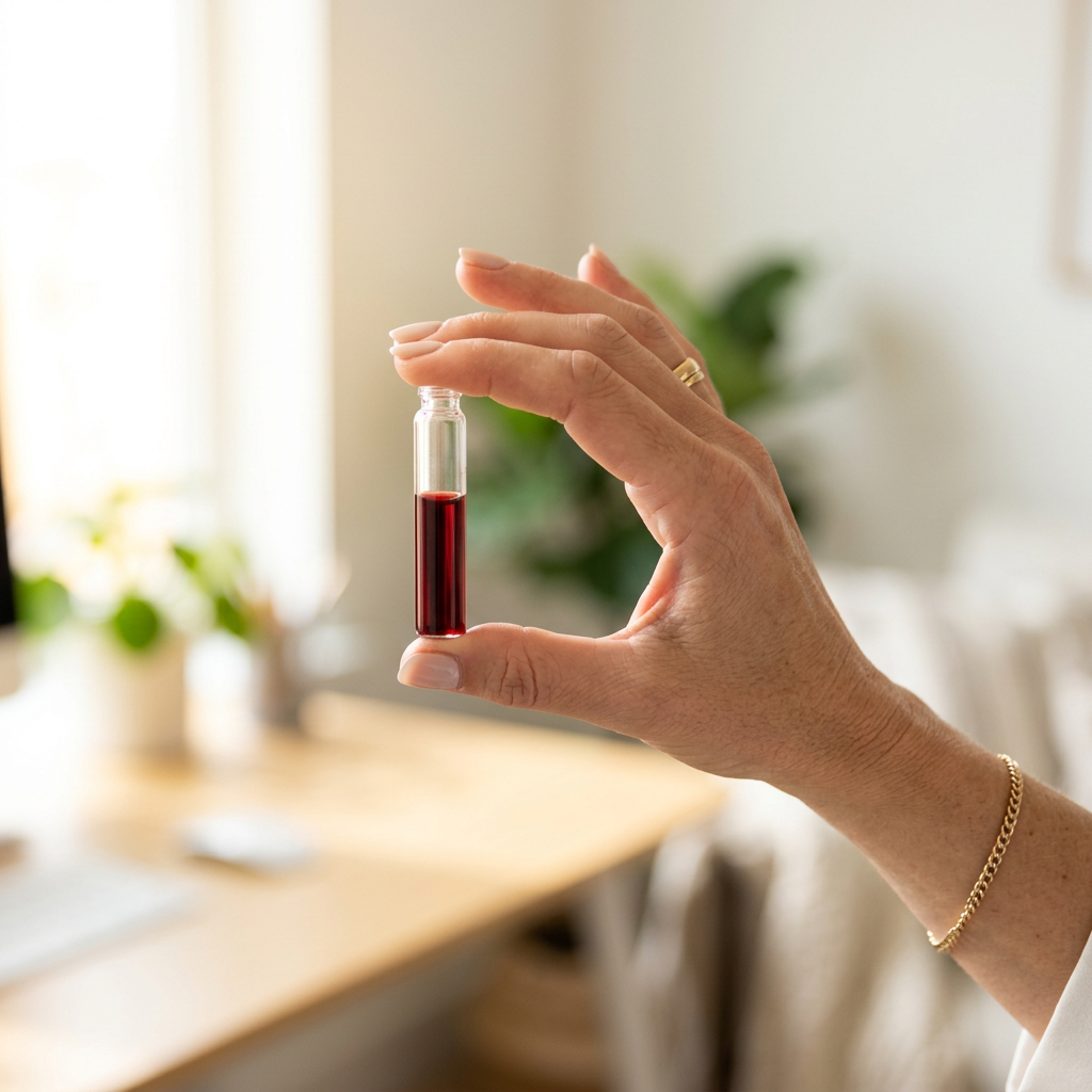 Woman holding blood sample vial in natural light