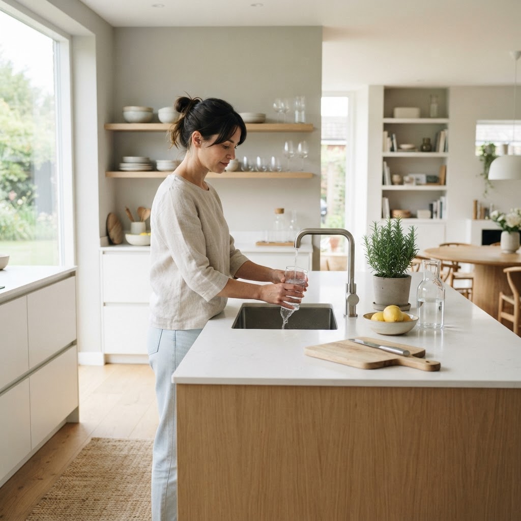 A person in a clean modern kitchen preparing water