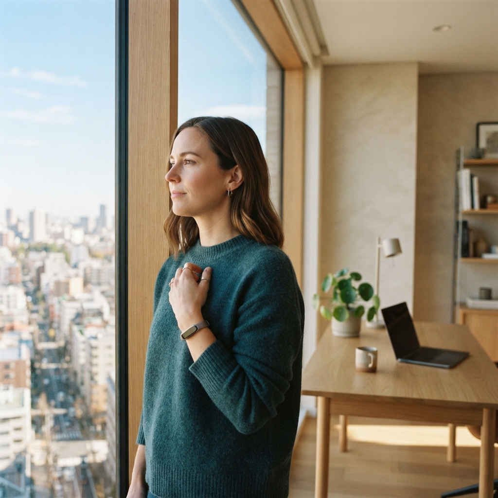 Person looking out a window in a bright home office