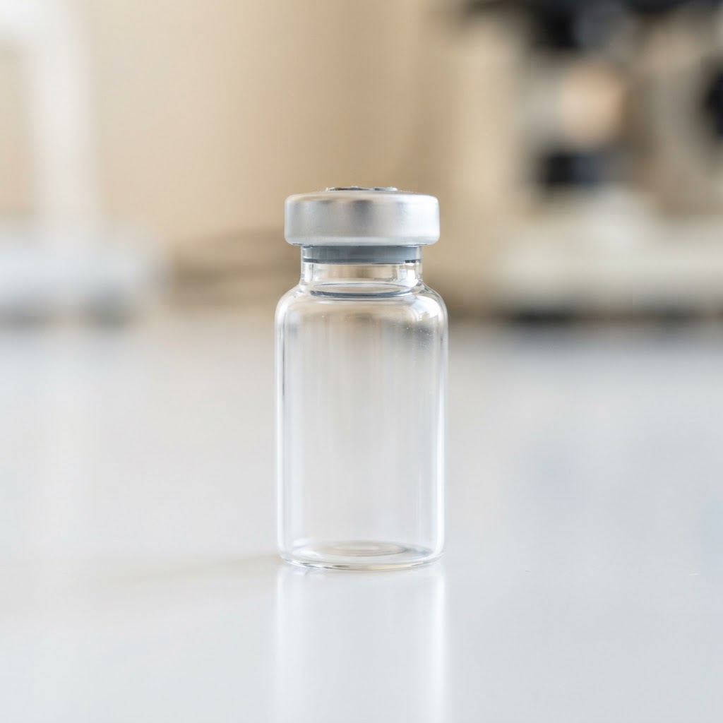 Glass medical specimen vial on a white surface