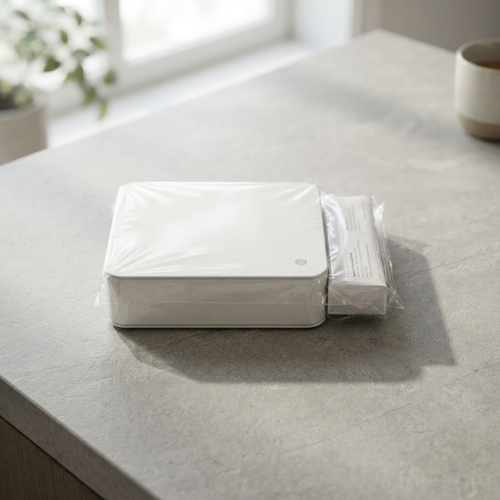 Professional blood test collection kit on stone counter