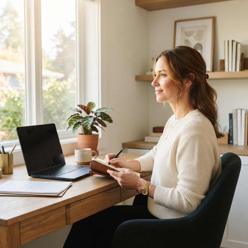 Health conscious professional in a bright home office