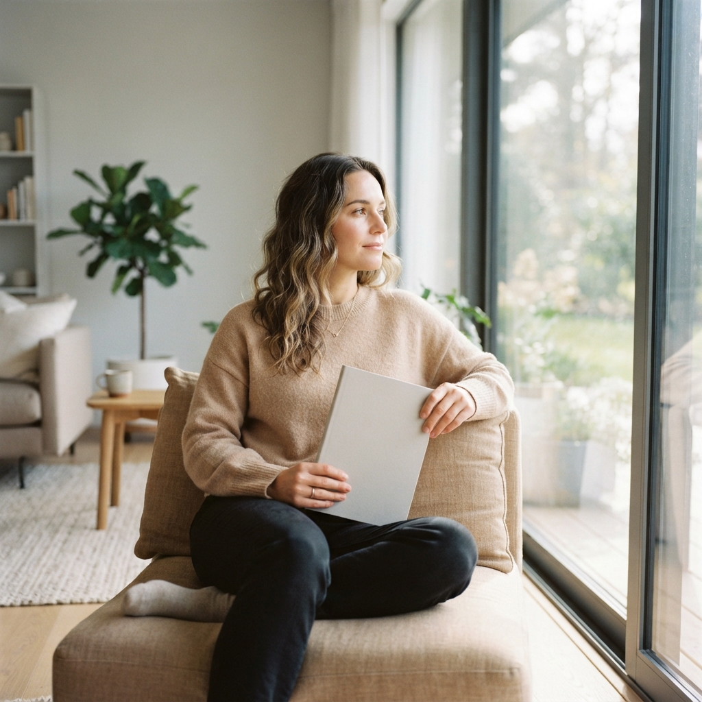 Person reflecting on health in a bright sunlit room