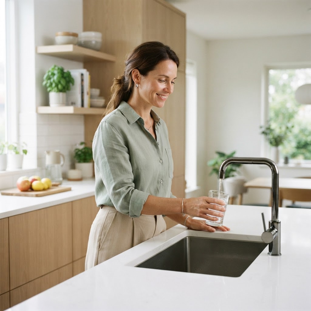 Person in a clean kitchen preparing a glass of water
