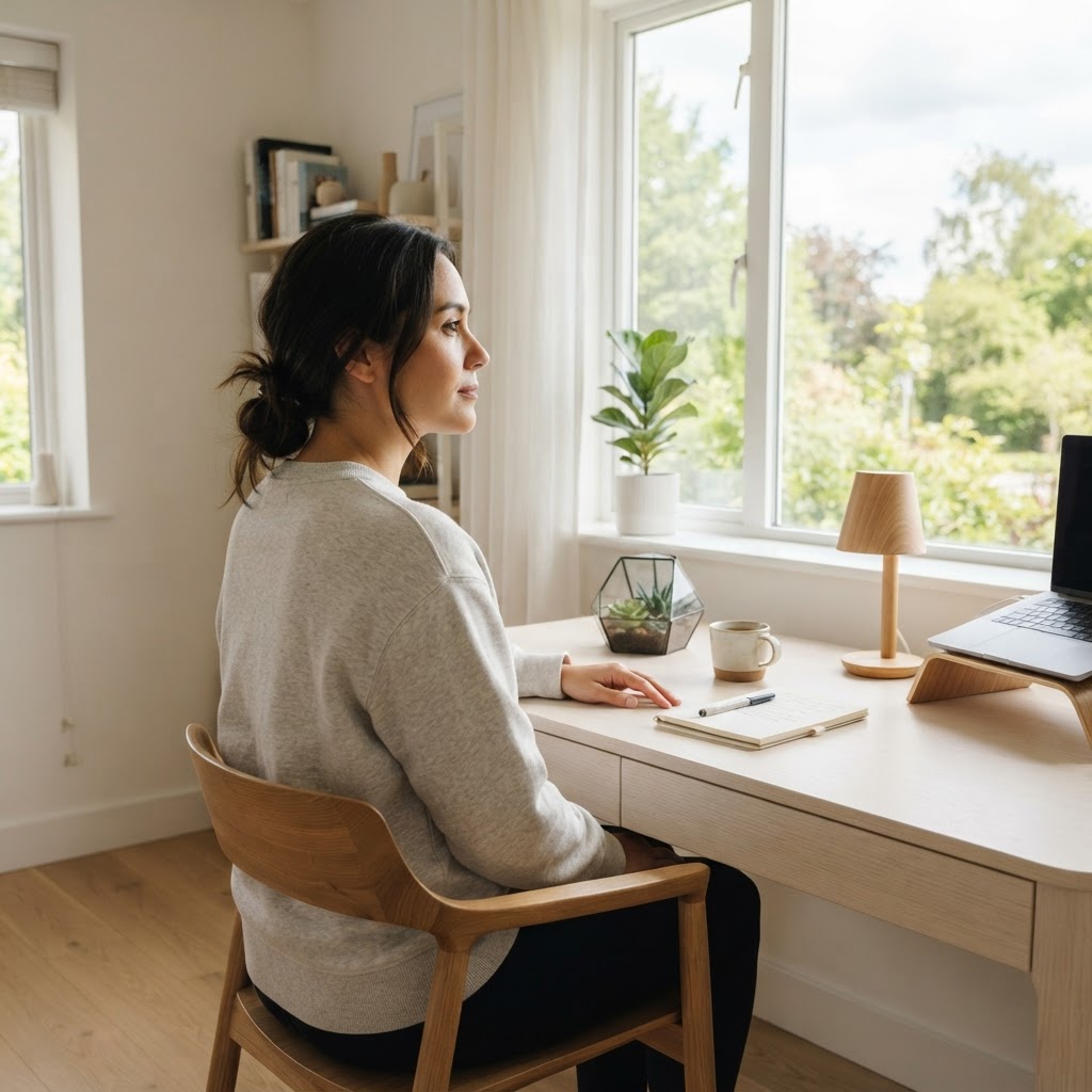 Person looking out a window in a bright home workspace
