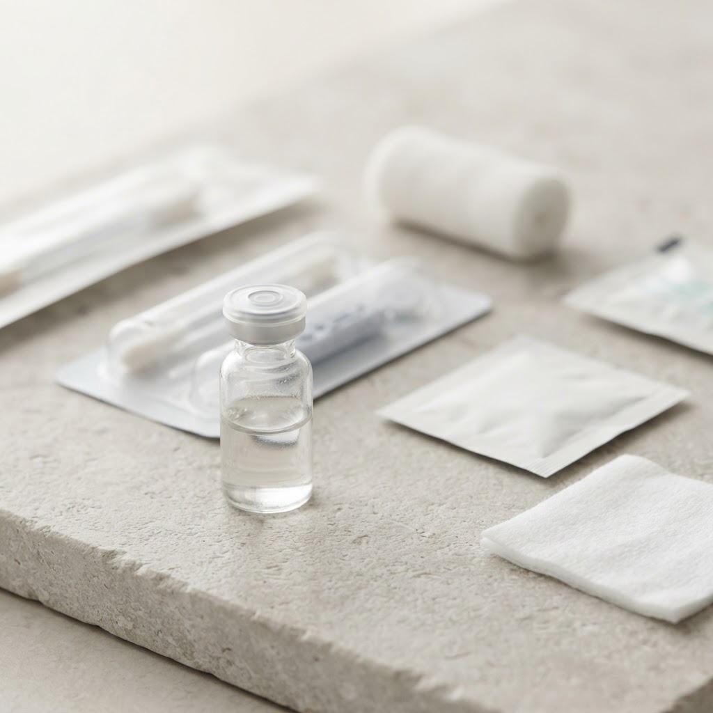 Minimalist orderly medical testing supplies on a stone surface