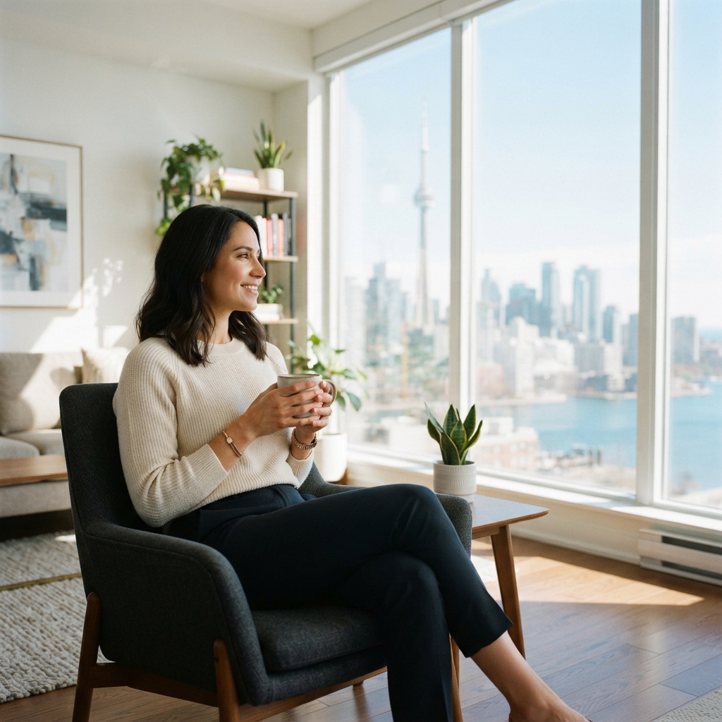 A confident person relaxing in a bright modern home