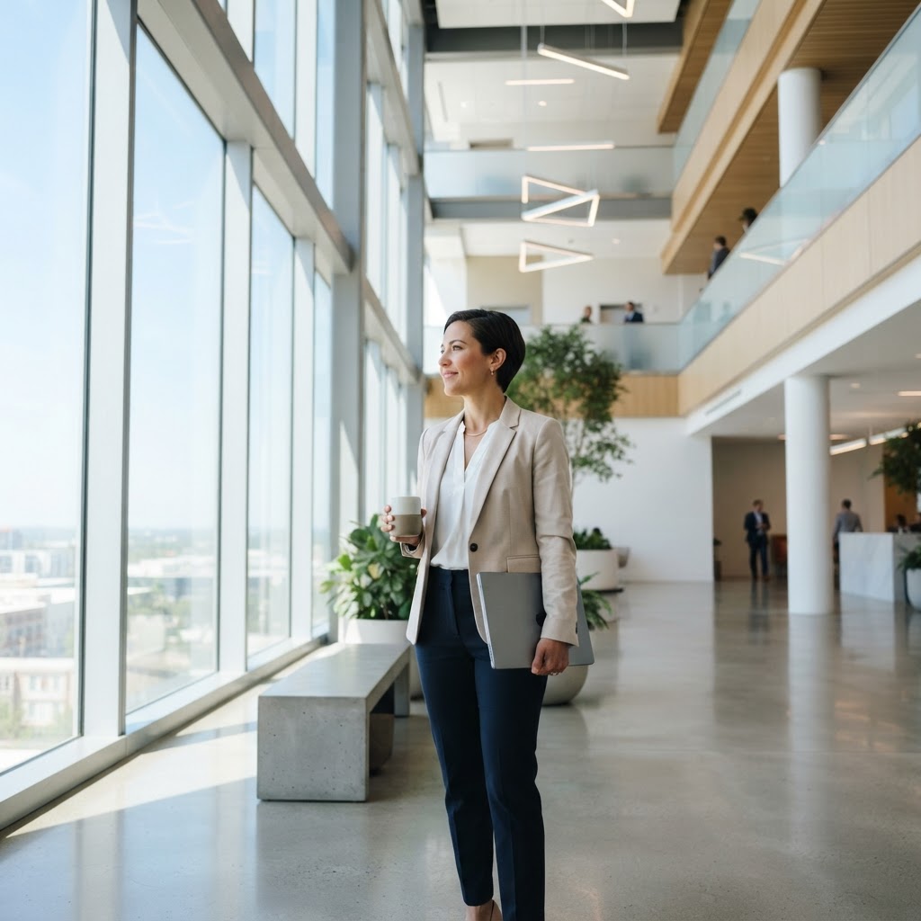 A person standing in a bright minimalist office space