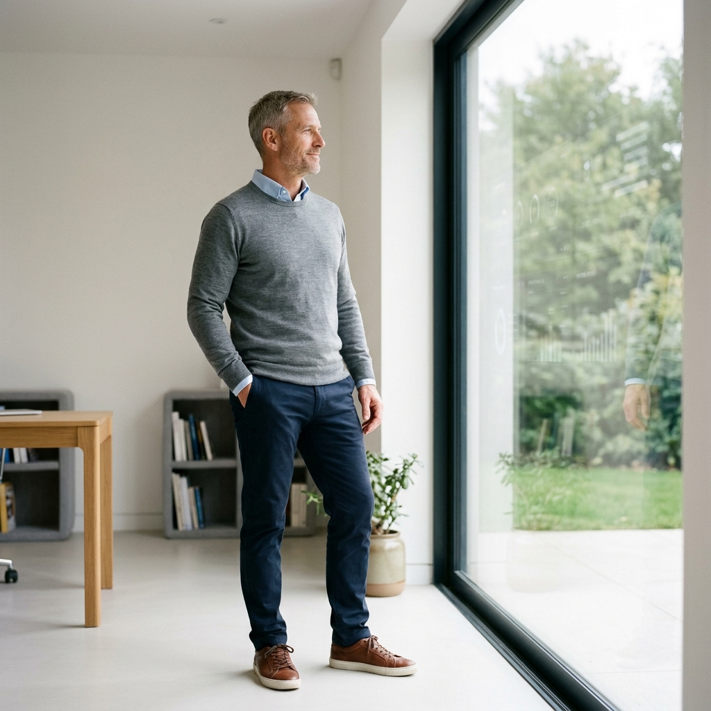Man in bright home space reflecting on health goals