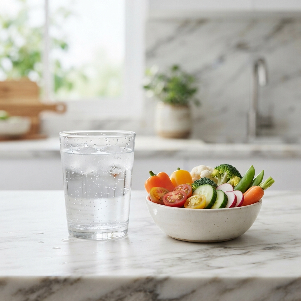 Fresh vegetables and glass of water on marble