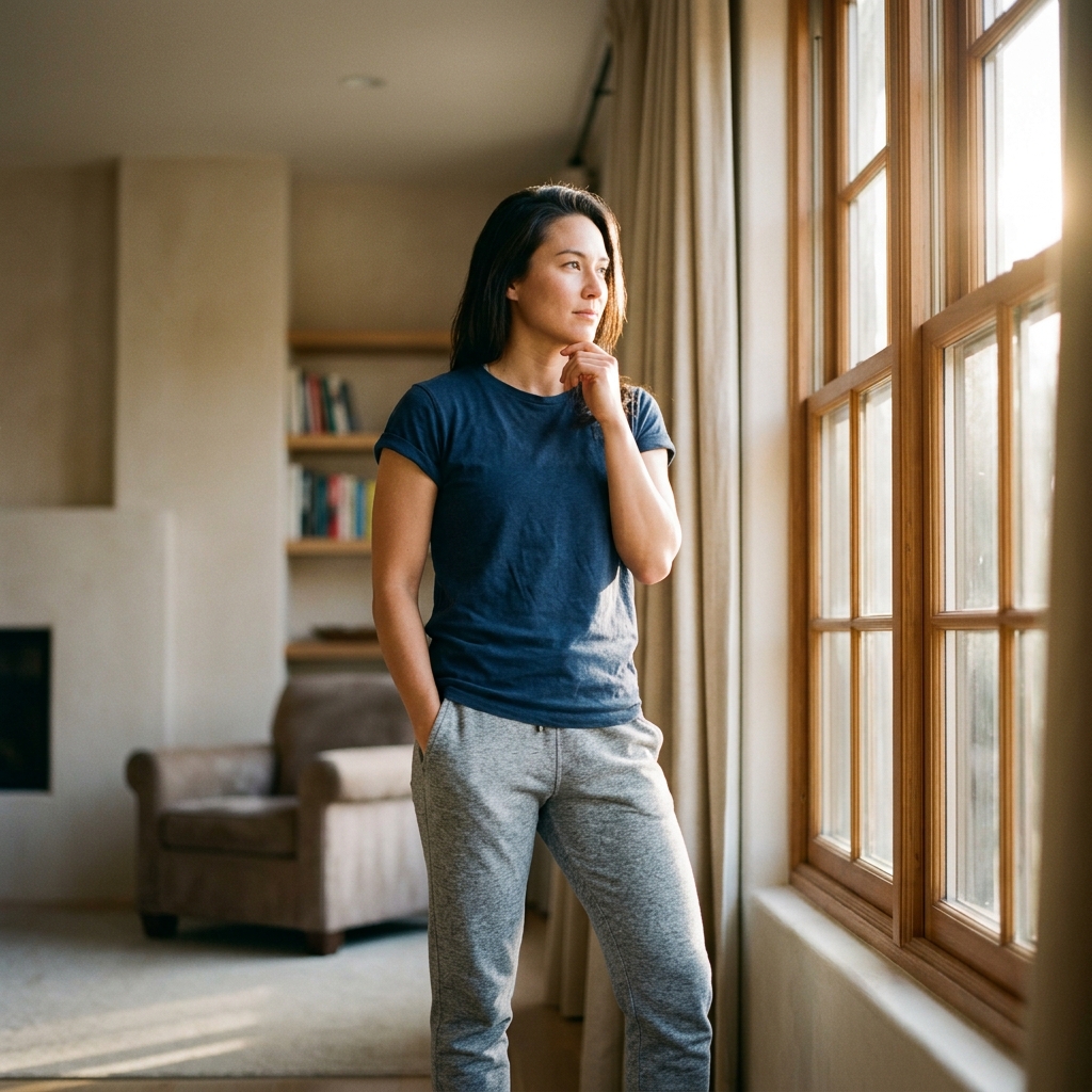 Active individual reflecting on personal health progress and wellbeing