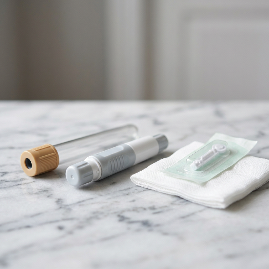 Professional at-home blood collection kit arranged on modern surface