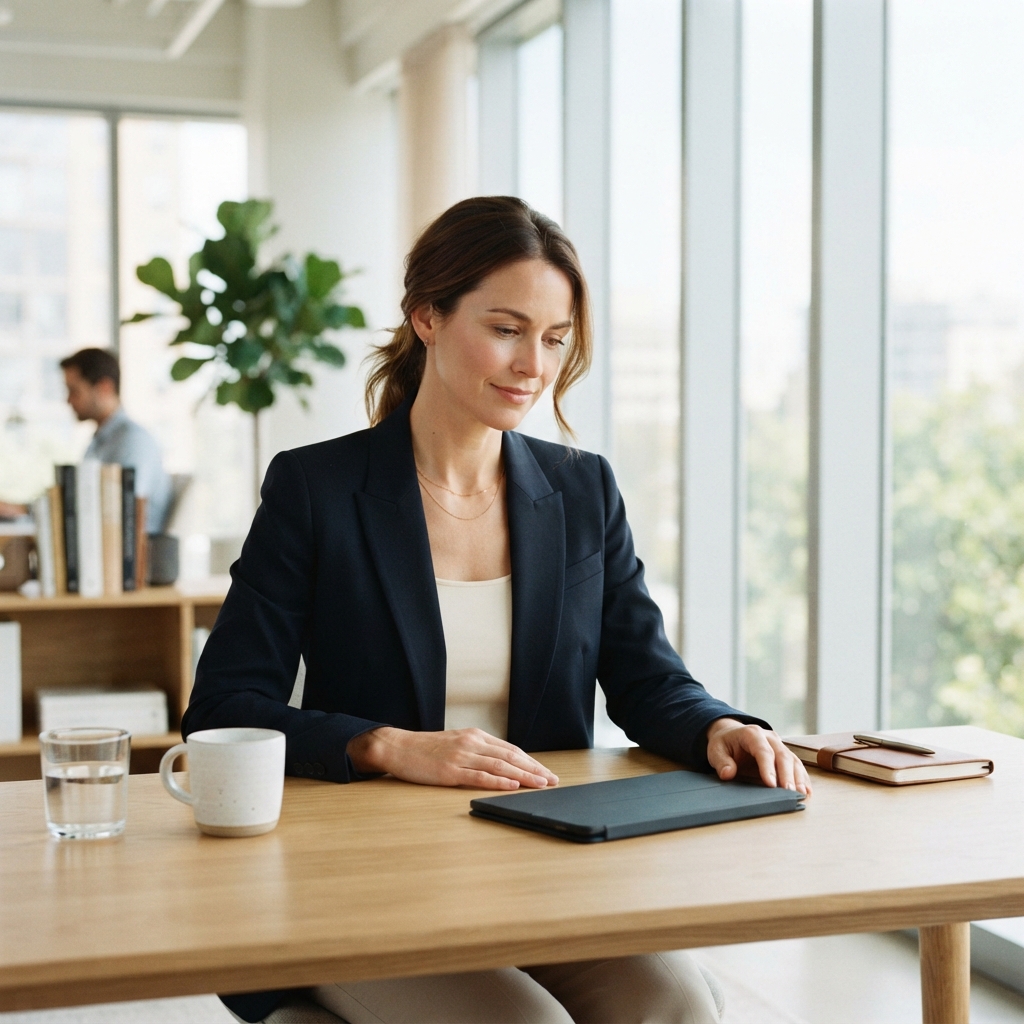 Person reflecting on health journey in a bright office