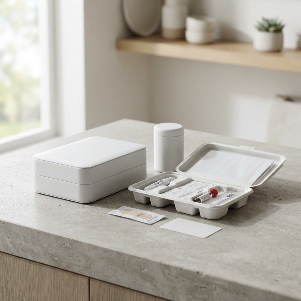 Professional at home health testing kit on a table