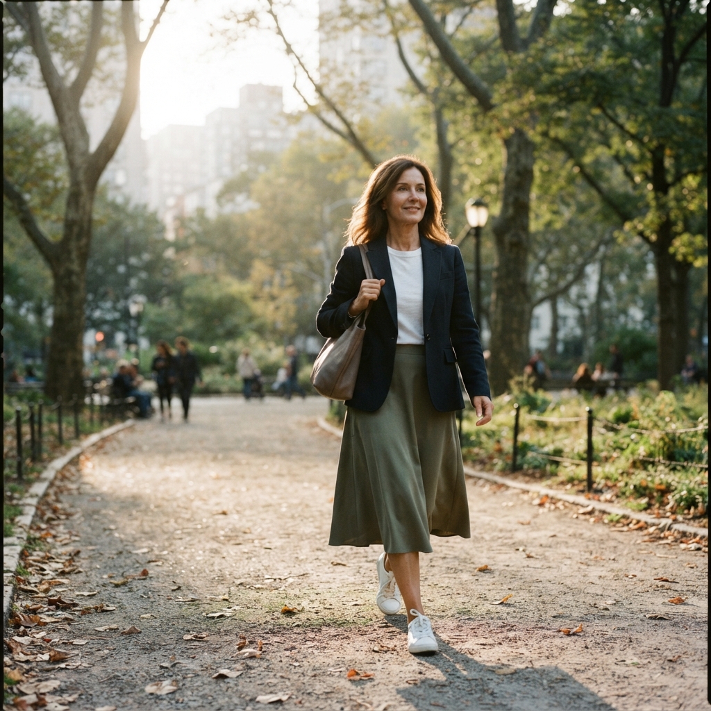 A healthy professional walking in a bright park