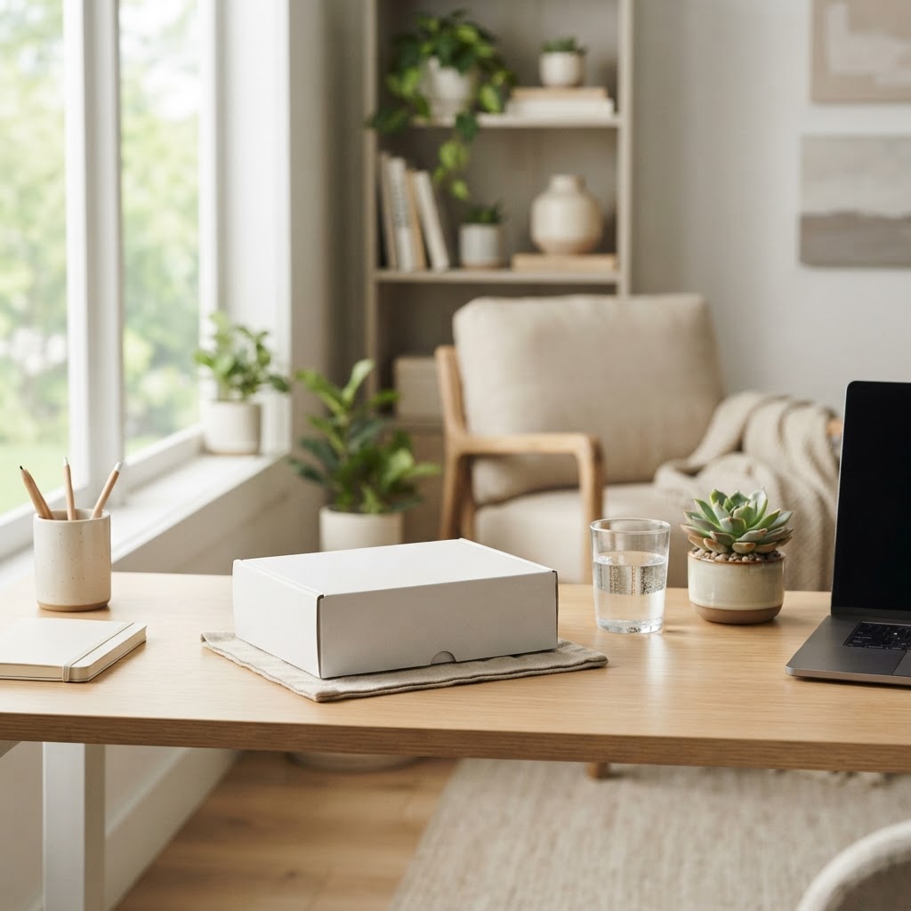 A sleek home health testing kit on a minimalist desk