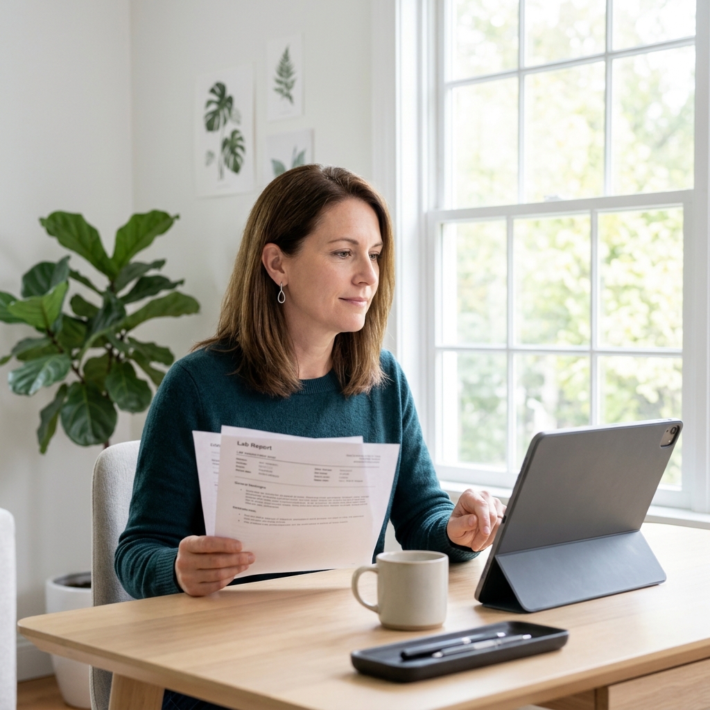 Person reviewing fasting glucose lab results at home