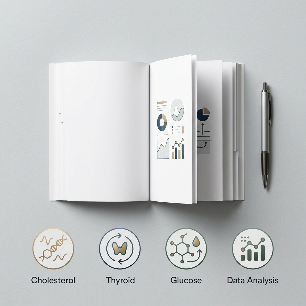 Health report and biomarker documentation arranged flatly