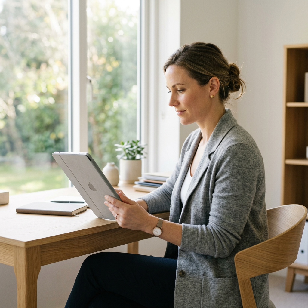 Professional reviewing health dashboard on tablet