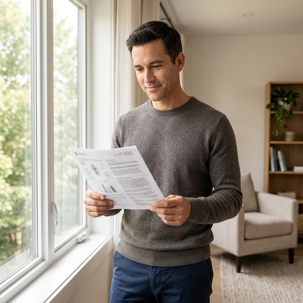 Man reviewing comprehensive blood panel results in natural light