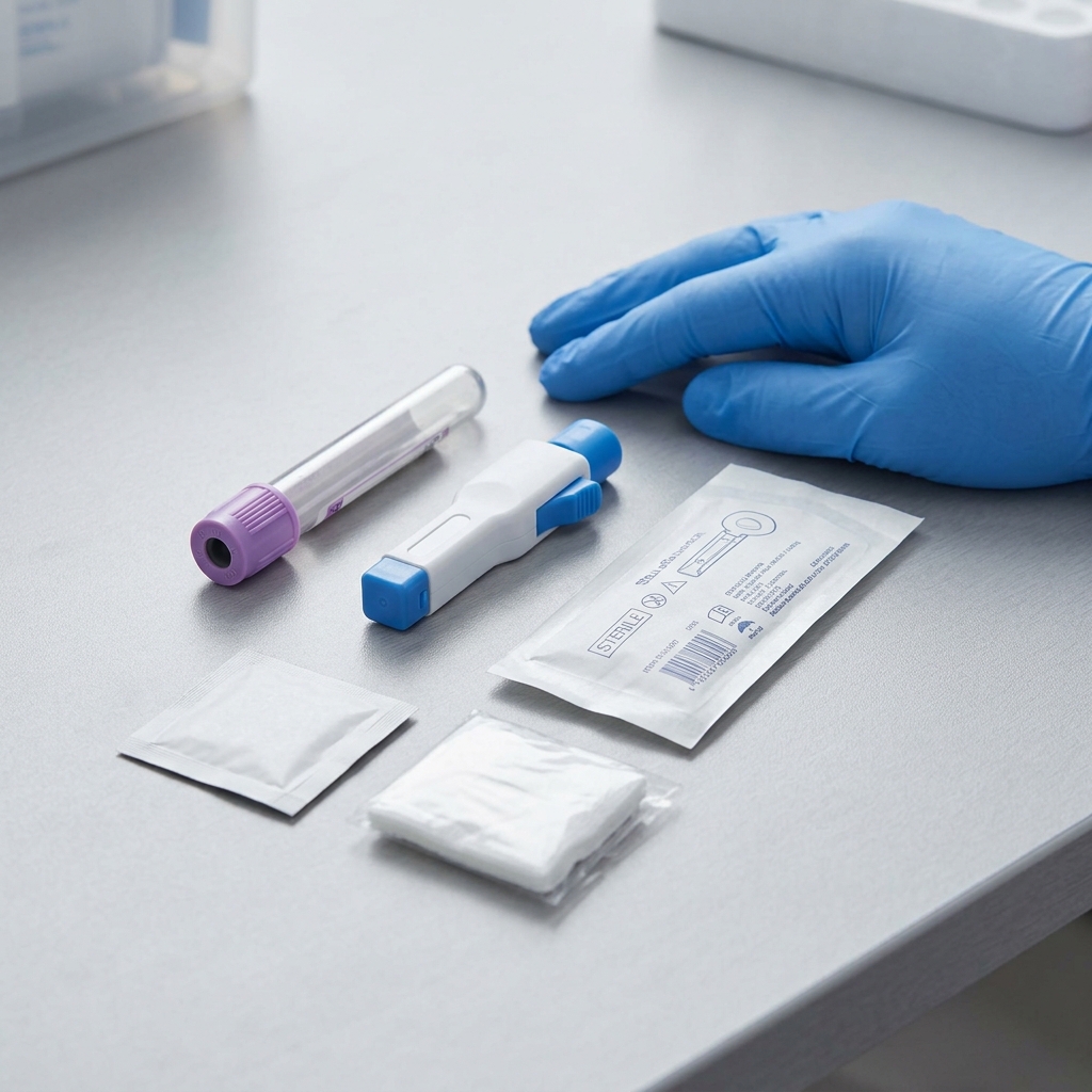 Professional at-home blood collection kit displayed on neutral surface