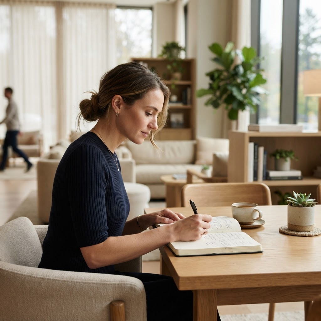 A person writing notes in a bright, modern room