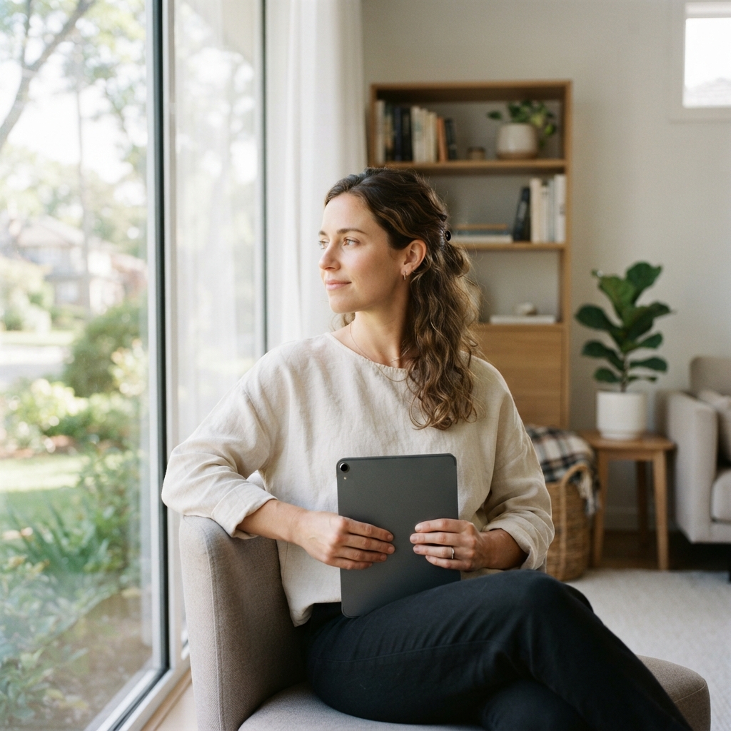 Person reflecting on their wellness in a sunlit room