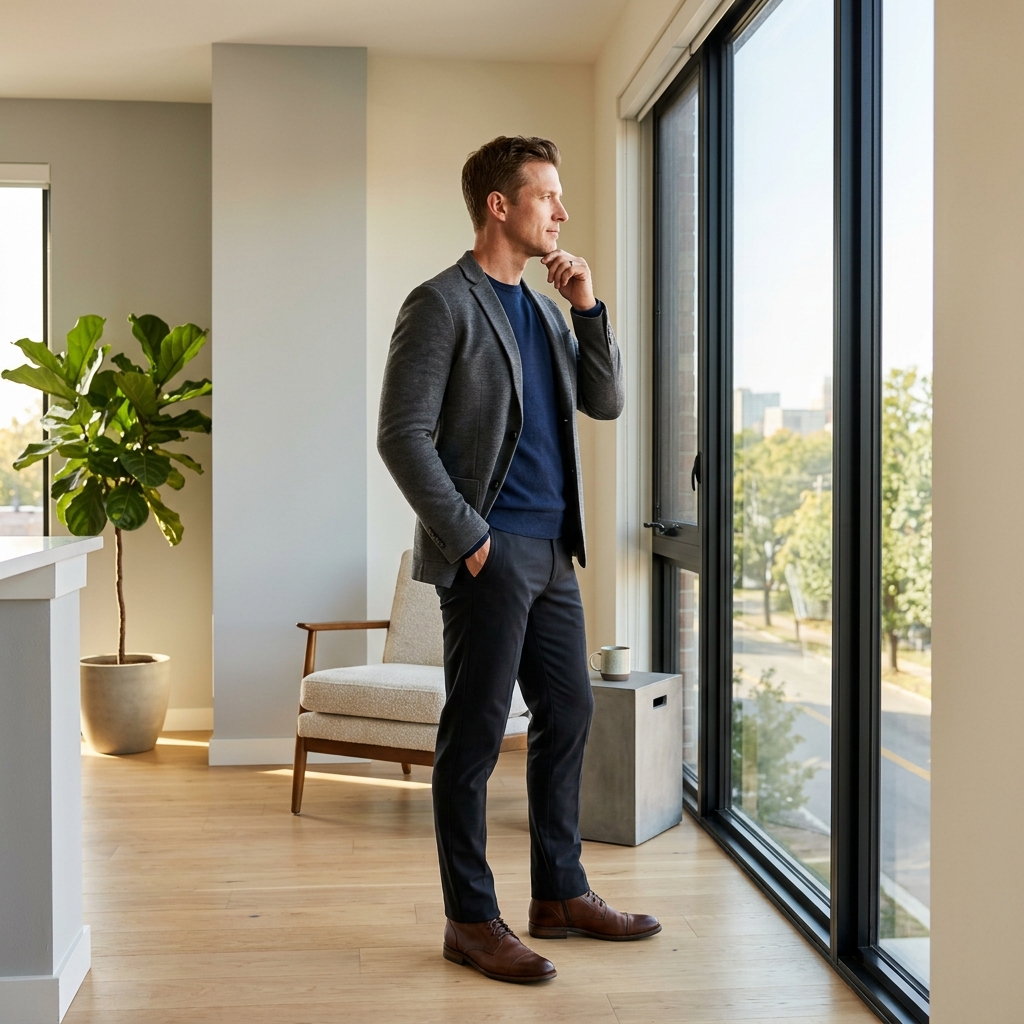 Confident individual in natural light reflecting on health optimization journey