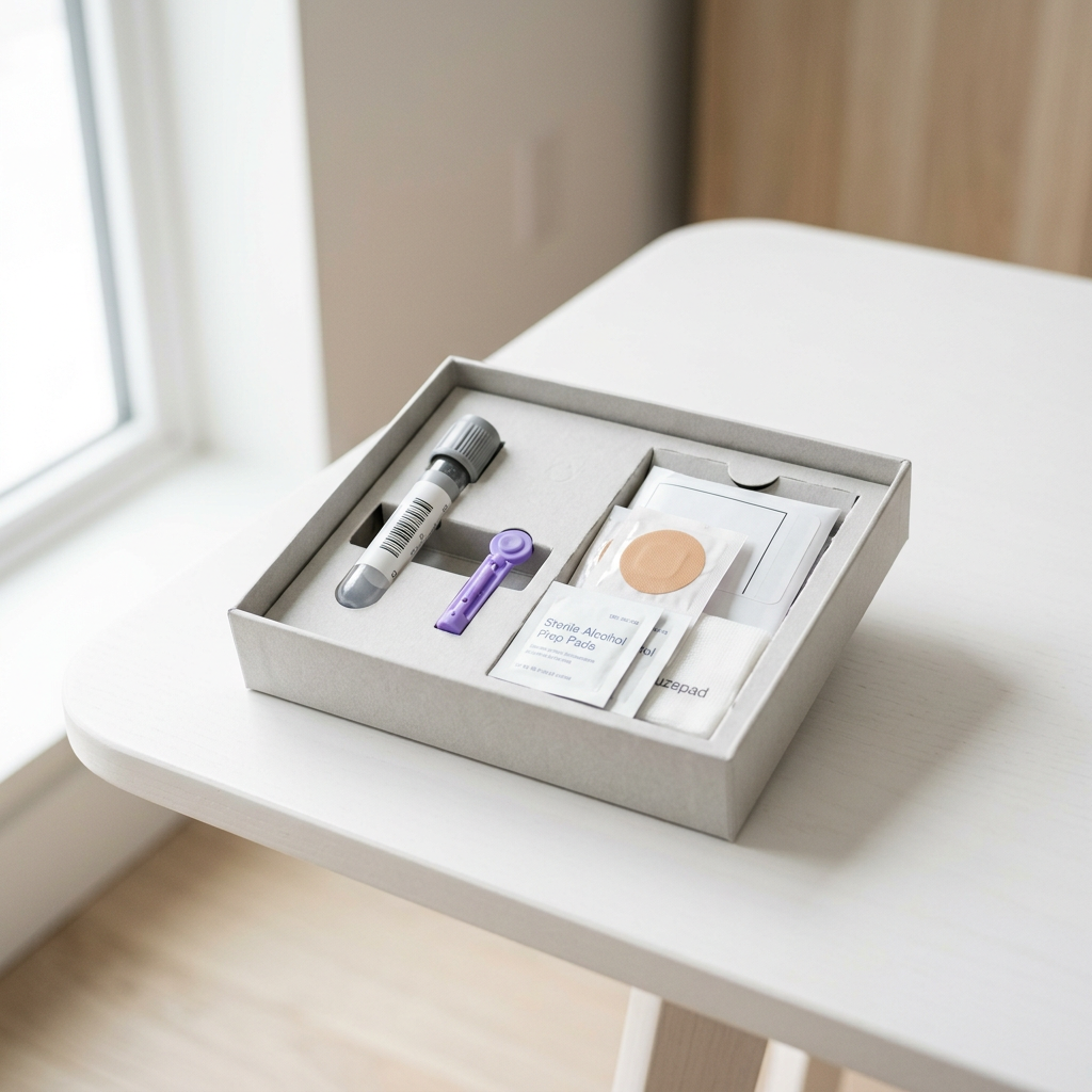 Professional at-home blood collection kit on minimalist white surface