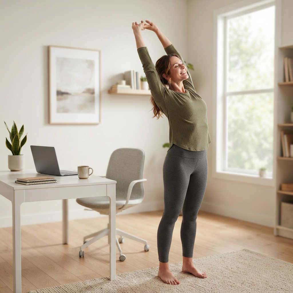 Person stretching in a bright organized home office