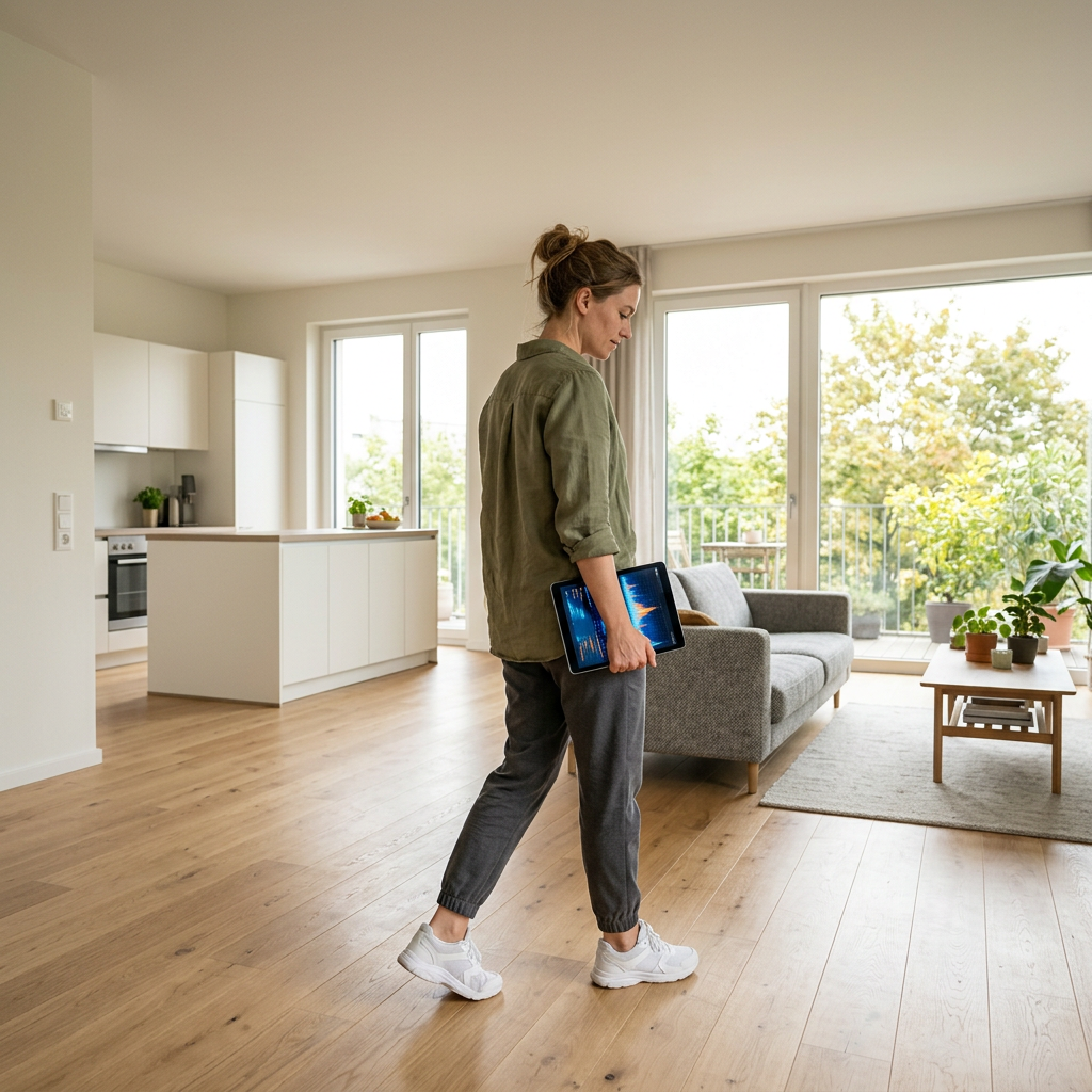 Active individual reviewing health data at home