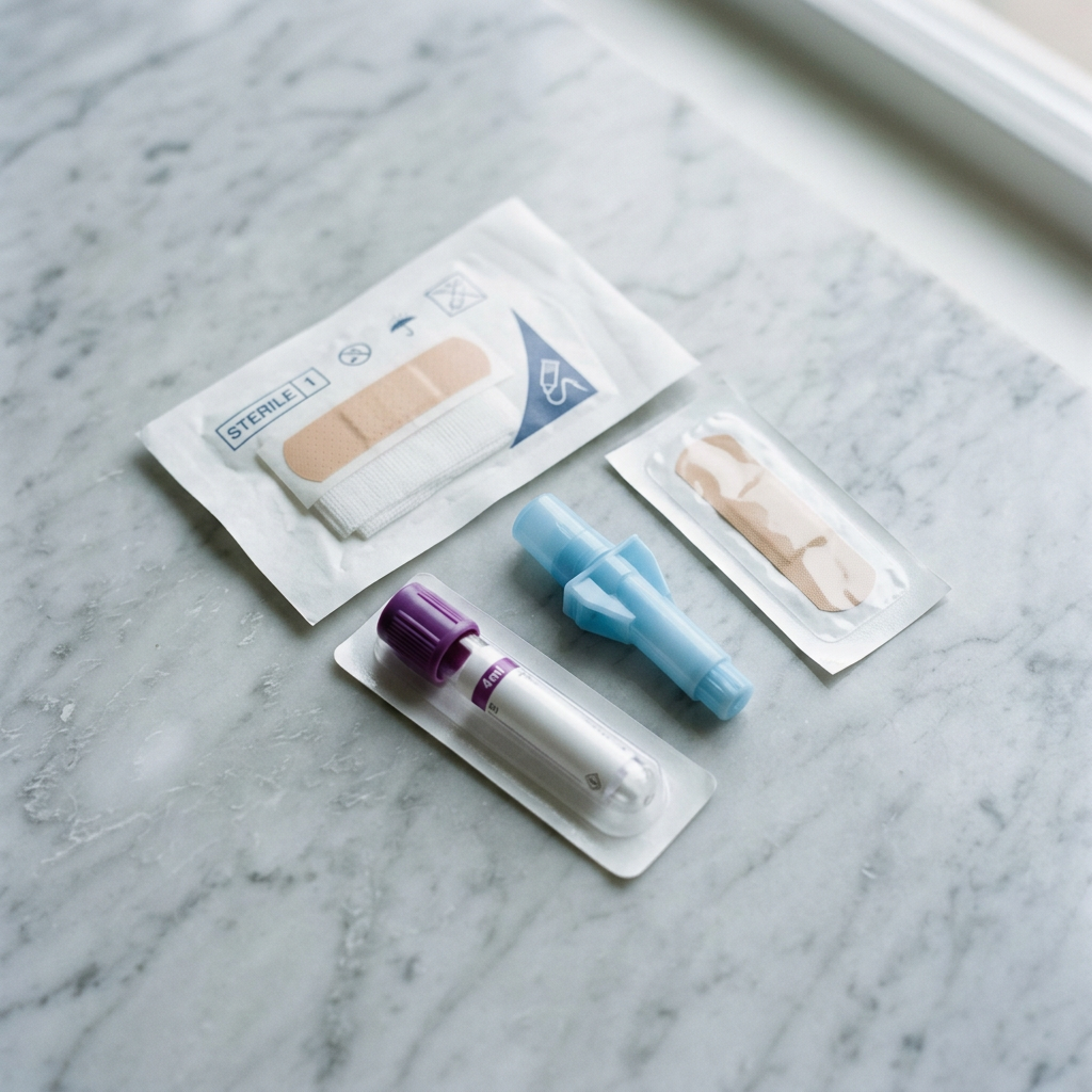 Home blood collection kit on marble surface