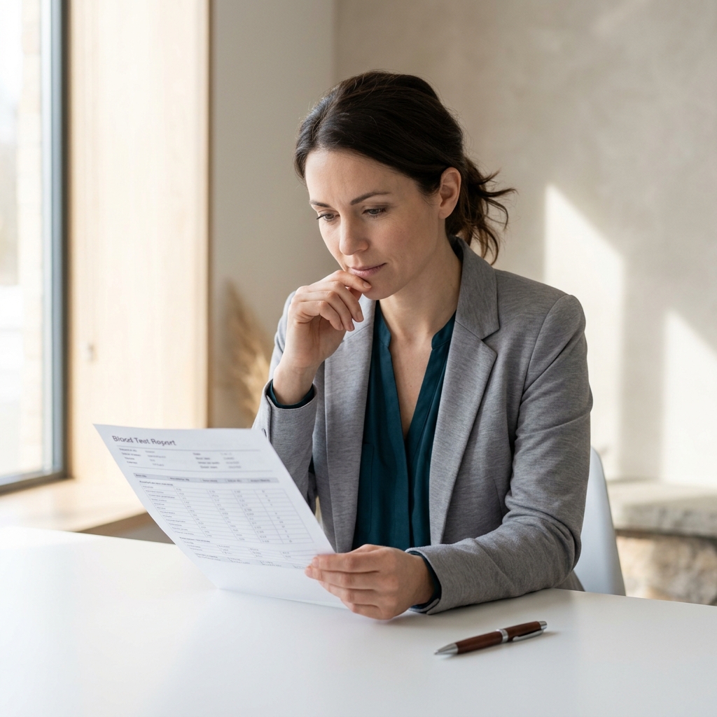 Person reviewing blood test results at bright desk