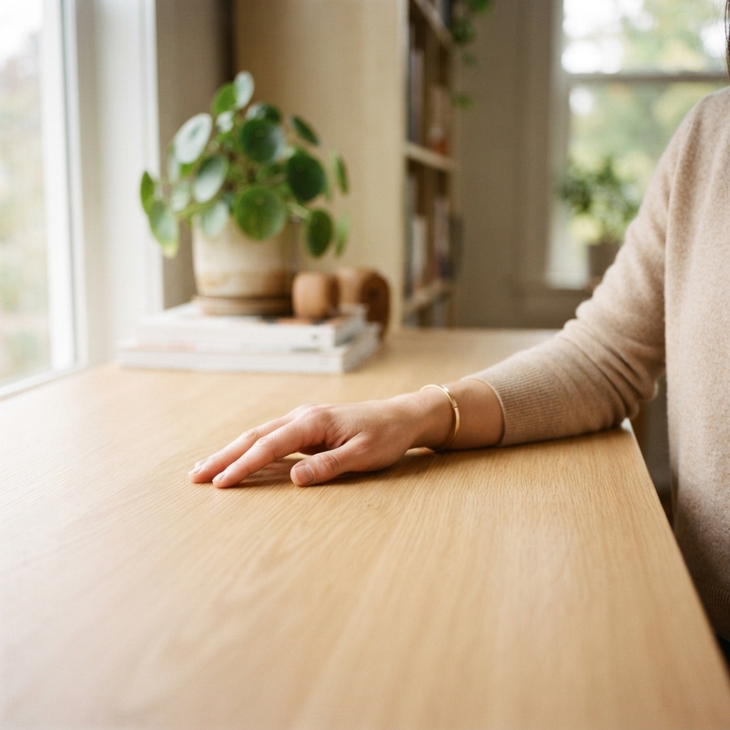 A person resting their hand on a table in a bright room