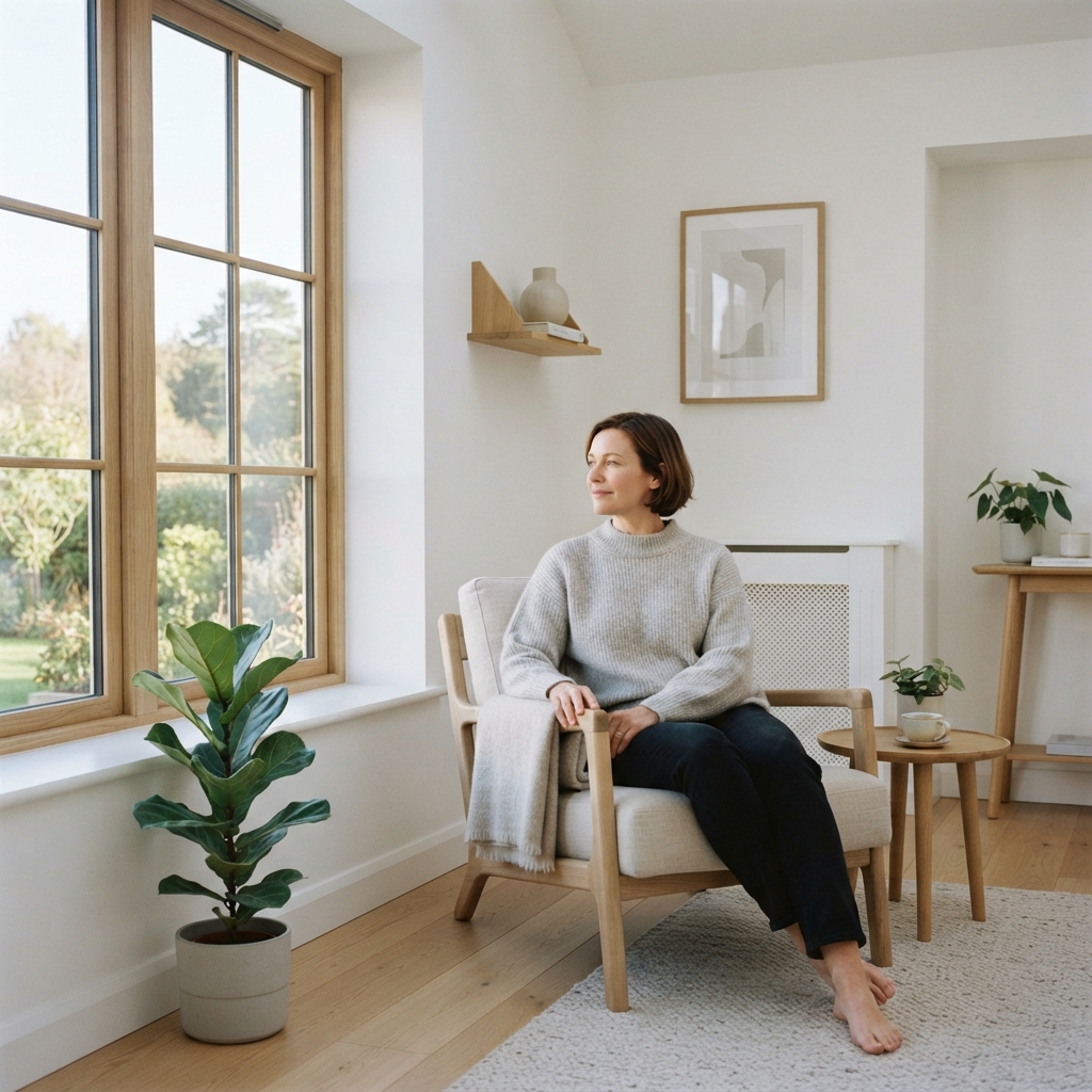 A person sitting calmly in a bright, modern home interior