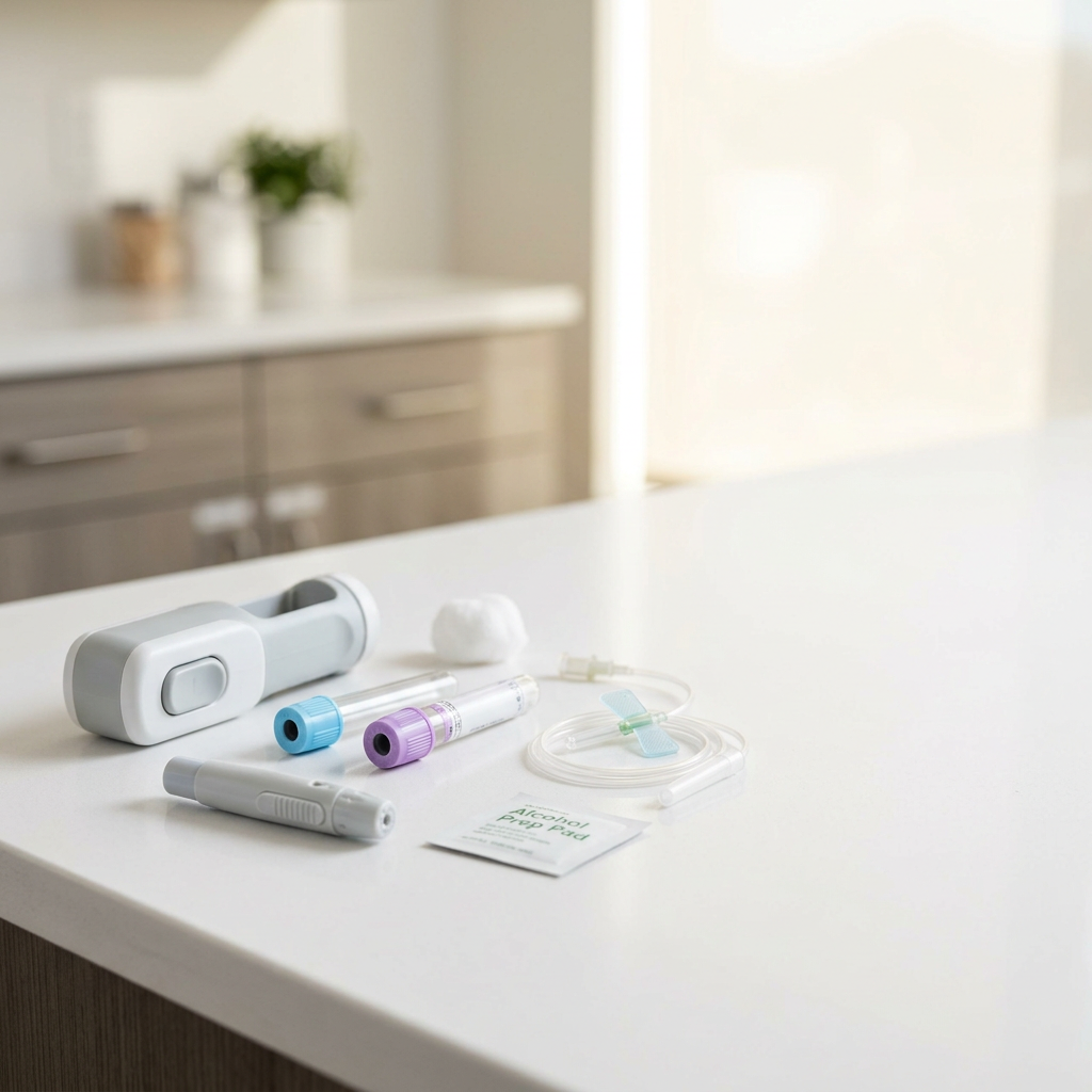 Modern blood collection kit on white surface