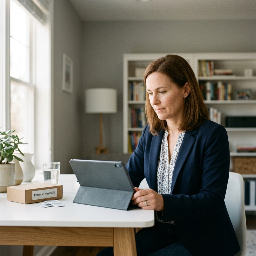 Woman reviewing health data on tablet at home