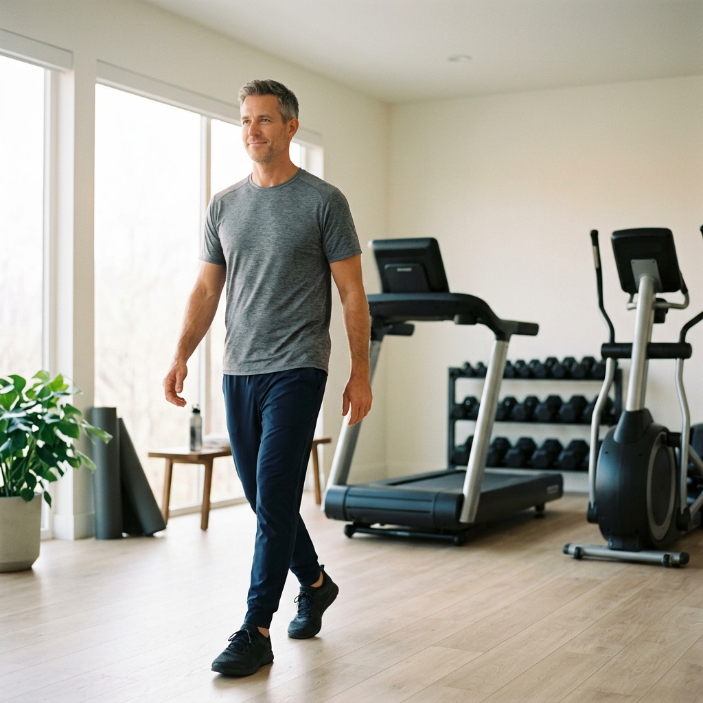 Man in sunlit home gym reflecting wellness confidence