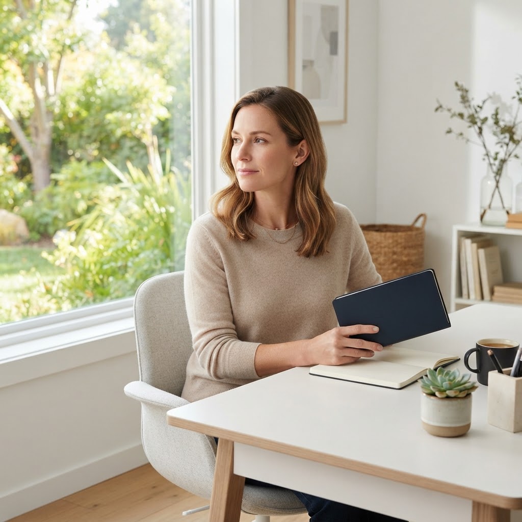 A healthy professional in a bright home office setting
