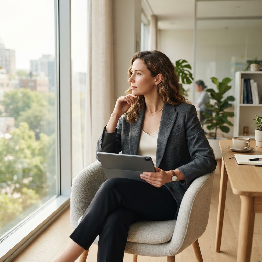 A person sitting thoughtfully in a bright office environment