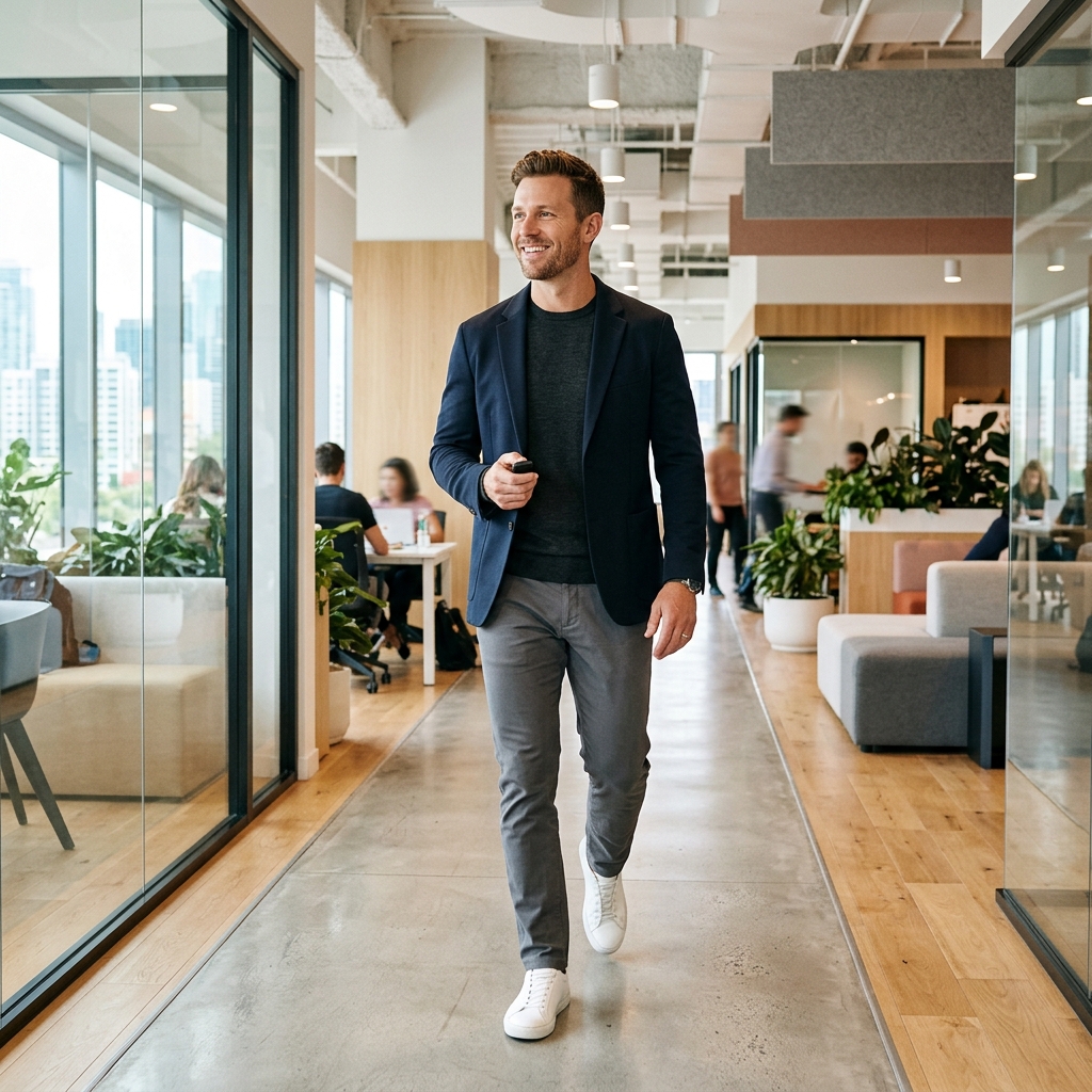 Active person walking through bright workspace with wellness focus