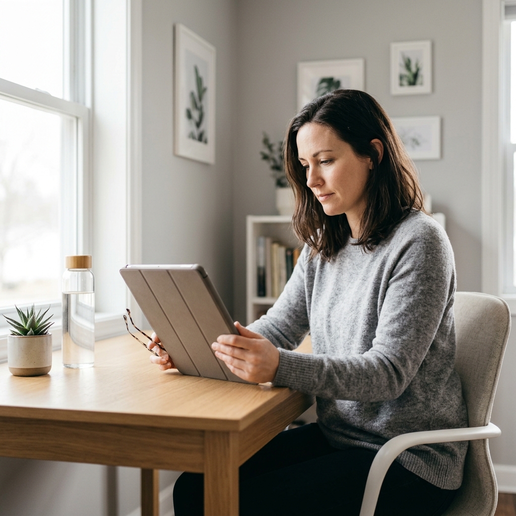 Person reviewing health data on tablet in bright home office
