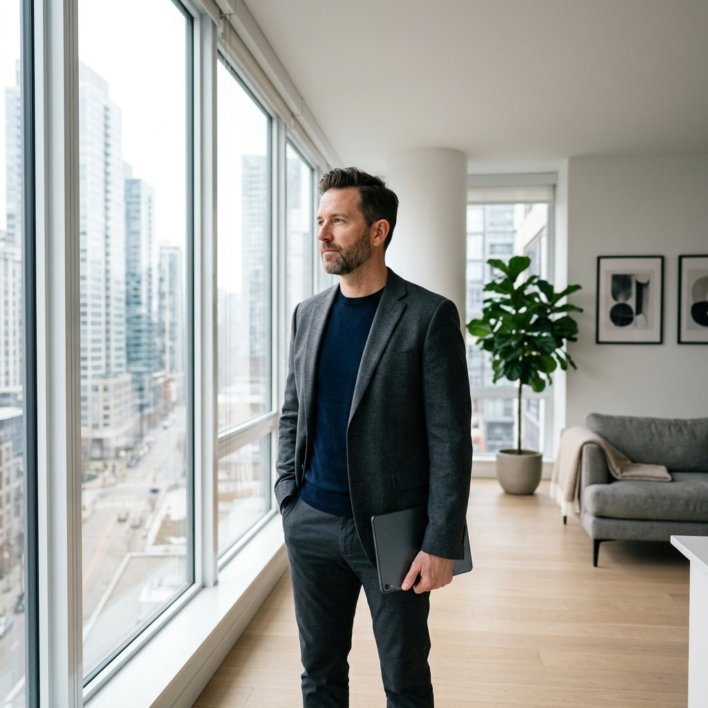 Professional man with health insights tablet by window