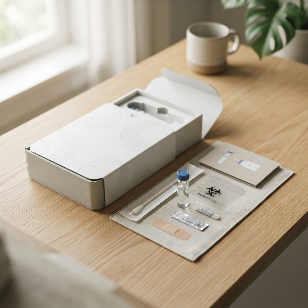 Modern at home health testing kit on a table