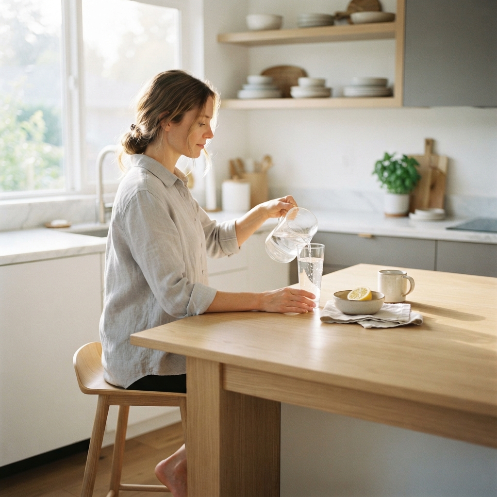 Person preparing a glass of water in a bright kitchen