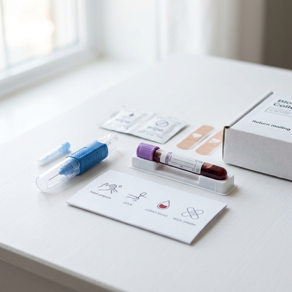 At-home blood collection kit displayed on minimal white surface