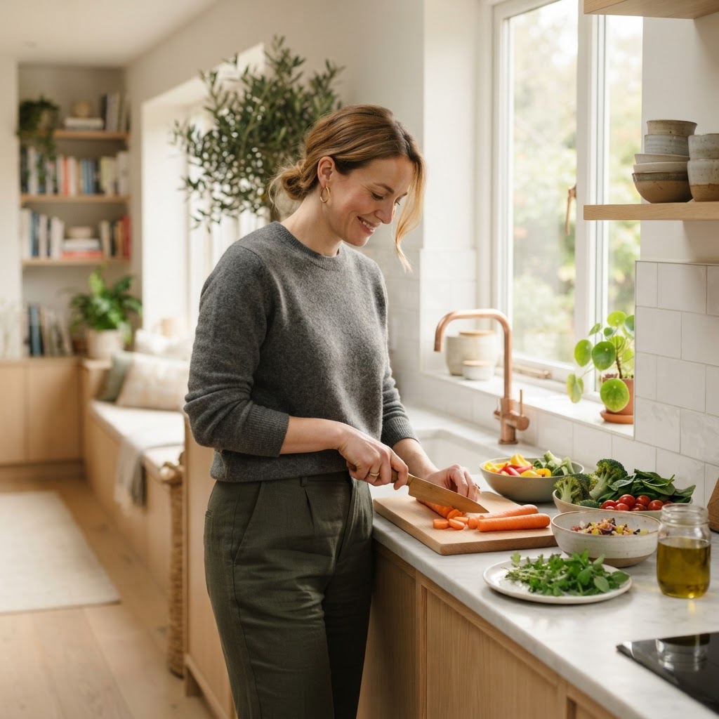 Individual preparing healthy food in a bright modern kitchen