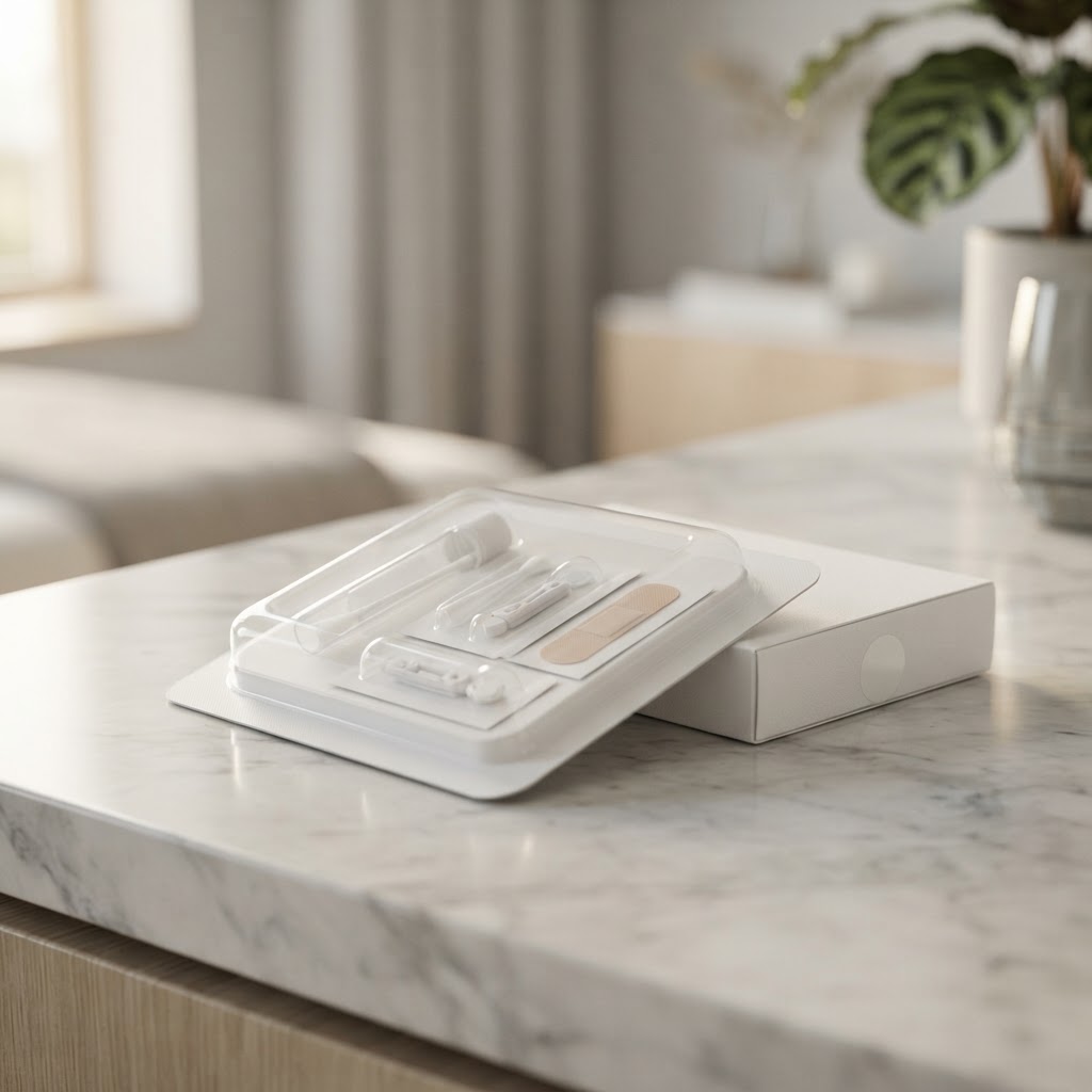Diagnostic health sampling kit on a marble surface