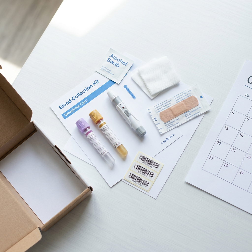 Home blood collection kit displayed on clean white surface